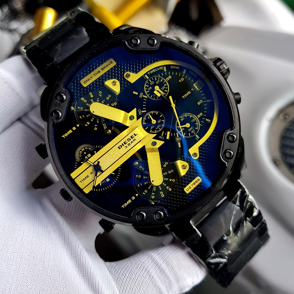 Jam Tangan Pria Big Size DL DZ7888  Mr. Da**y 2.0 4Time Chronograph Black Blue Reflective Steel
