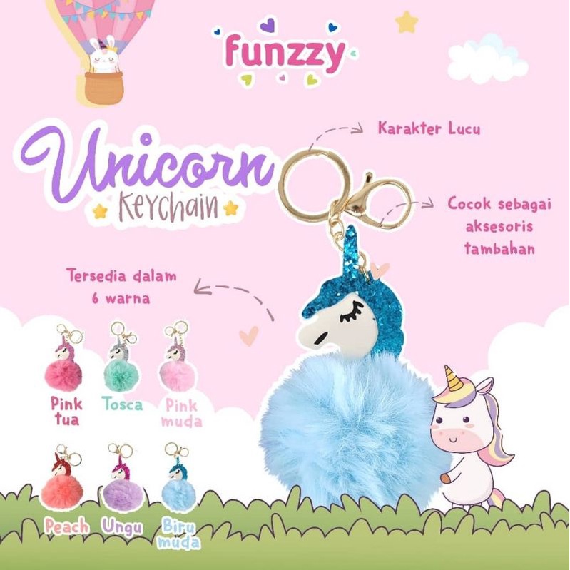 Standard - Funzzy Unicorn Key Chain (Gantungan Kunci, Pom Pom Gantungan di Tas / Tempat Pensil)