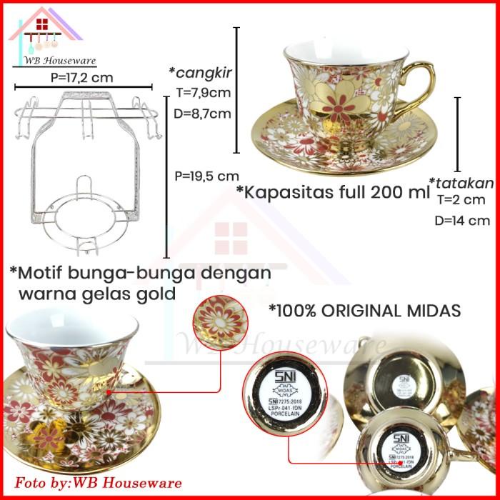 Midas 13Pcs Tea Set Motif Flower Gold / Cangkir Gelas Kopi + Rak 200Ml