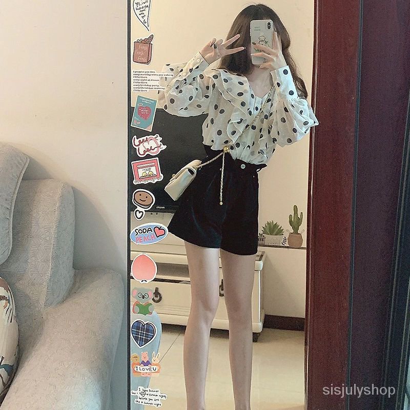 Setelan wanita 2023 musim semi dan musim panas baru polkadot top shirt celana pendek wanita satu set