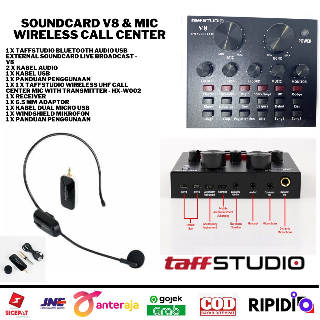 Mic Condensor Wireless UHF with Soundcard V8 TaffStudio Bluetooth