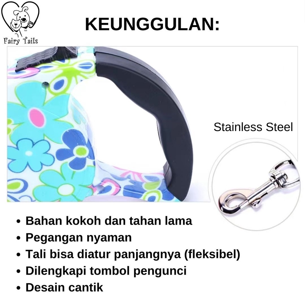 Tali Tuntun Retractable Pet Dog Leash Fleksibel dan Otomatis Untuk Anjing Kucing Anabul Colorful Patterns
