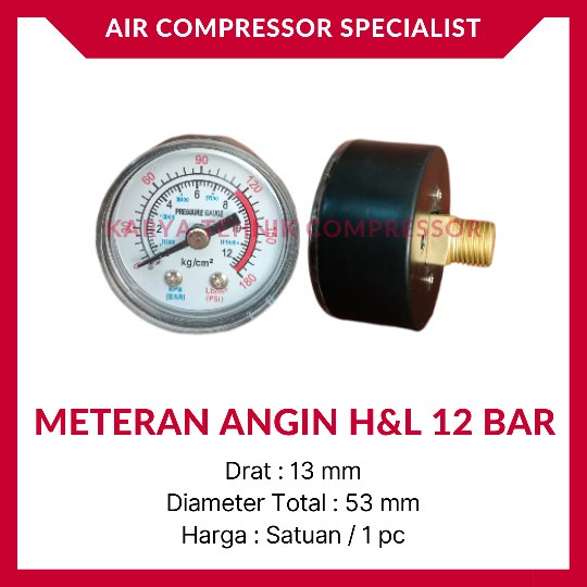 Meteran Angin Manometer Pressure Gauge Kompresor Udara H&L Tekanan 12 Bar (Drat Besar)