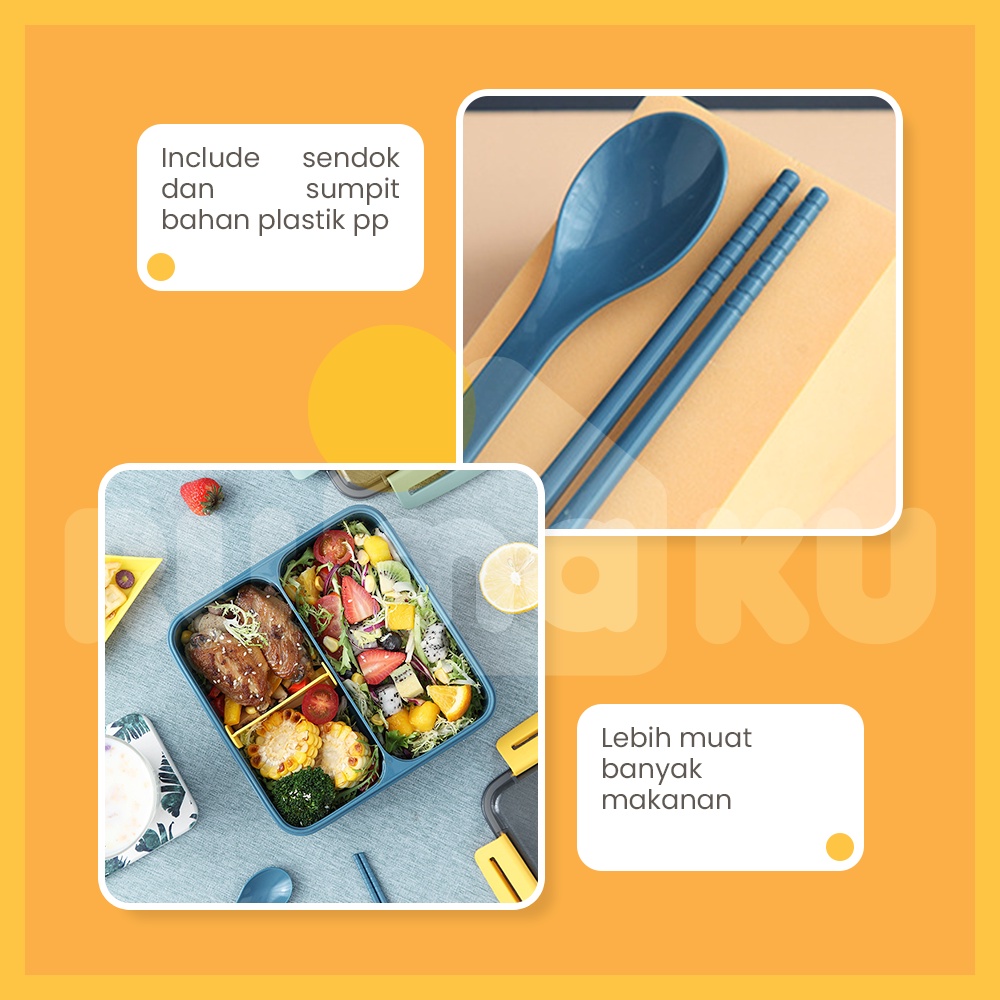 Rumaku Kotak Makan Tempat Makan Lunchbox 3 Grid 1100 ml Anti Bocor Gratis Sendok dan Sumpit BPA FREE