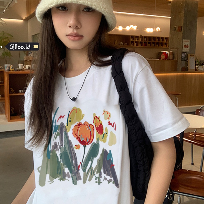Print T-shirt Kaos Lengan Pendek Oil Painting Tulips Baju Wanita Oversize Korean Style