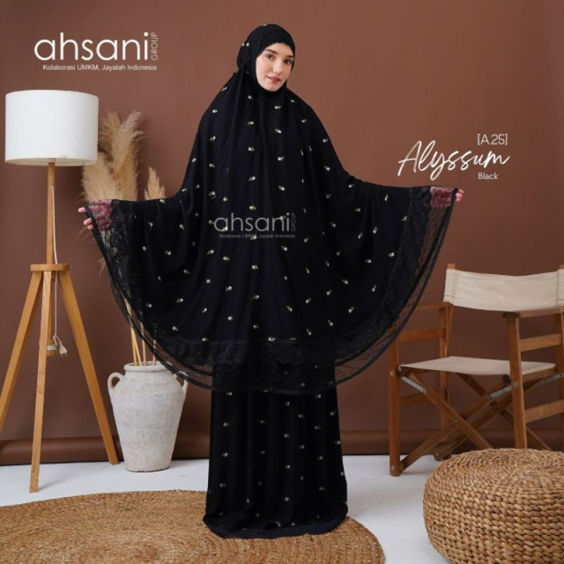 Mukena Mewah Ahsani A. 25 Alyysum Spesial Black Rayon Premium Dipercantik Renda Tile