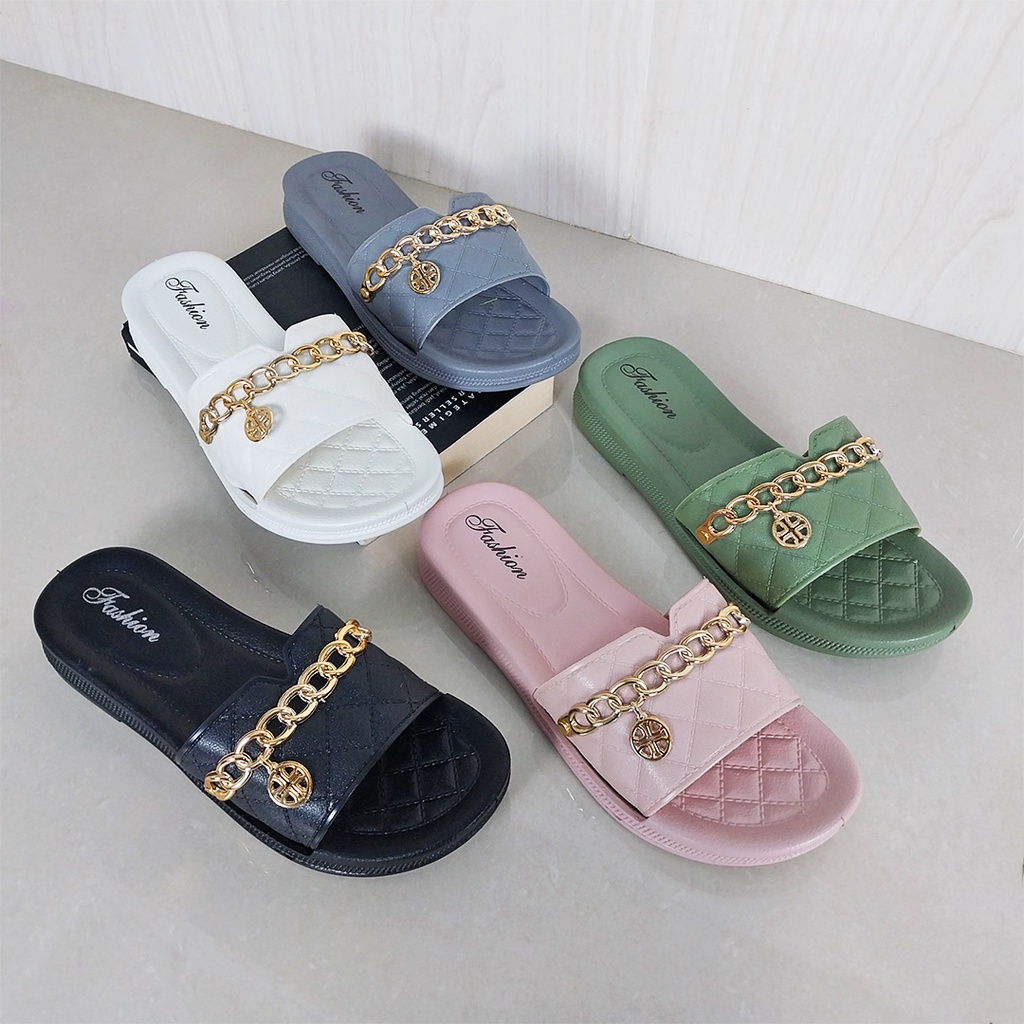 CYS Sandal Jelly Selop Kasual Wanita Cewek Kekinian Sendal Jalan Flatshoes Wedges Karet PVC Slip On Aksesoris Rantai Mewah Elegant Ringan Korea Fashion Style Import SPT-54