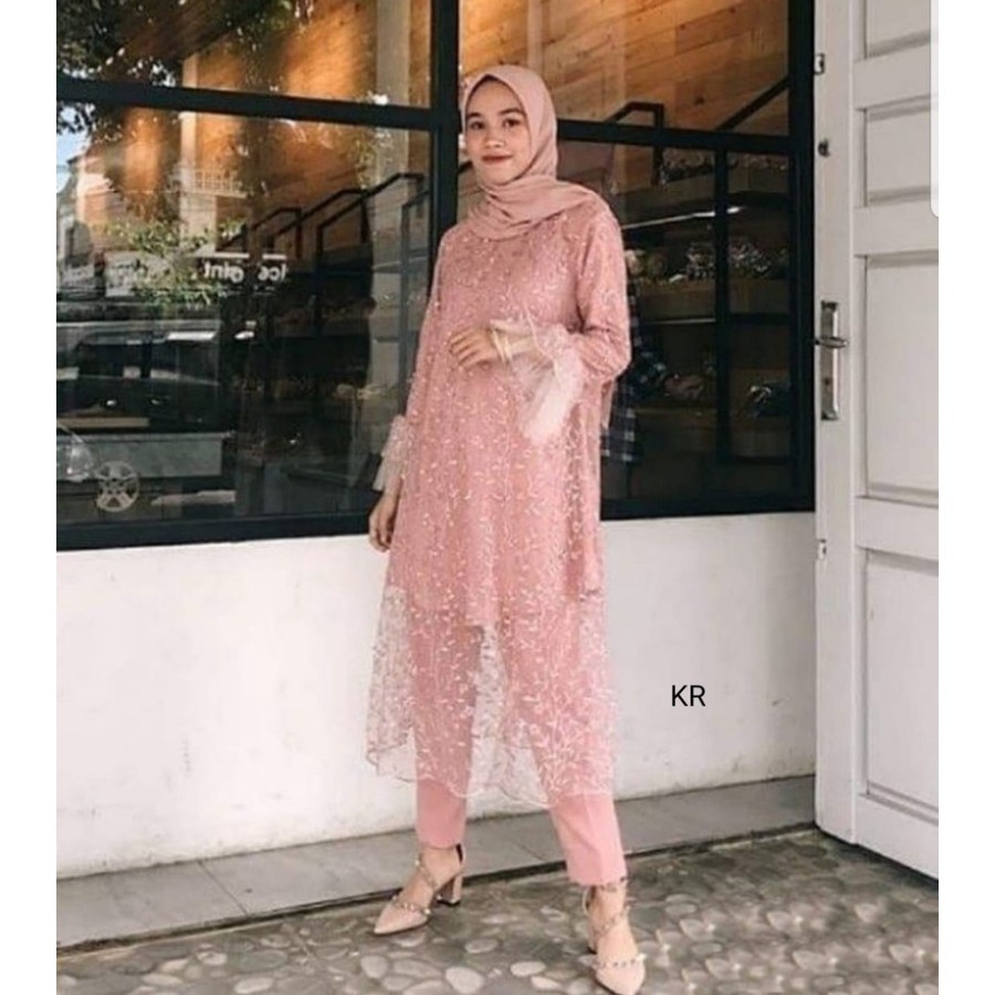 SET SHALOM FASHION PAKAIAN WANITA LEBARAN HARI RAYA IDUL FITRI SETELAN ATASAN TUNIK BRUKAT DAN CELAN