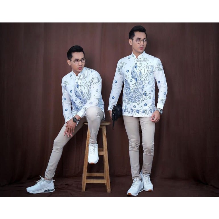 koko batik pria kayangan putih lengan panjang lapis furing