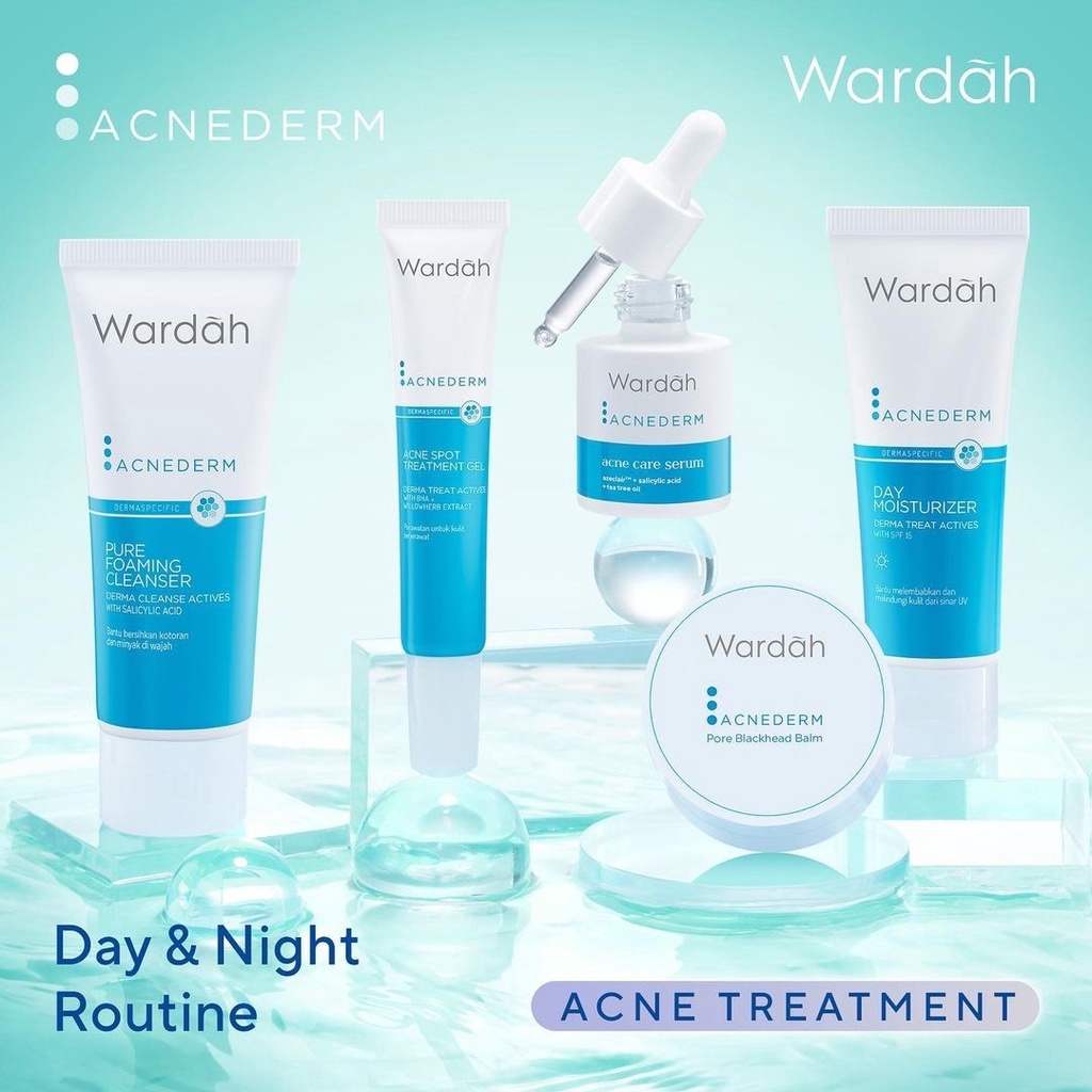 WARDAH Acnederm Day Moisturizer Indonesia / Pelembab Wajah 40ml / Derma Treat Actives With SPF 15 Bantu Melembabkan Dan Melindungi Kulit Dari Sinar UV / Sunscreen Sunblock Skincare Face Care Series / Foaming Cleanser Toner Serum Night Acne Spot Gel Powder