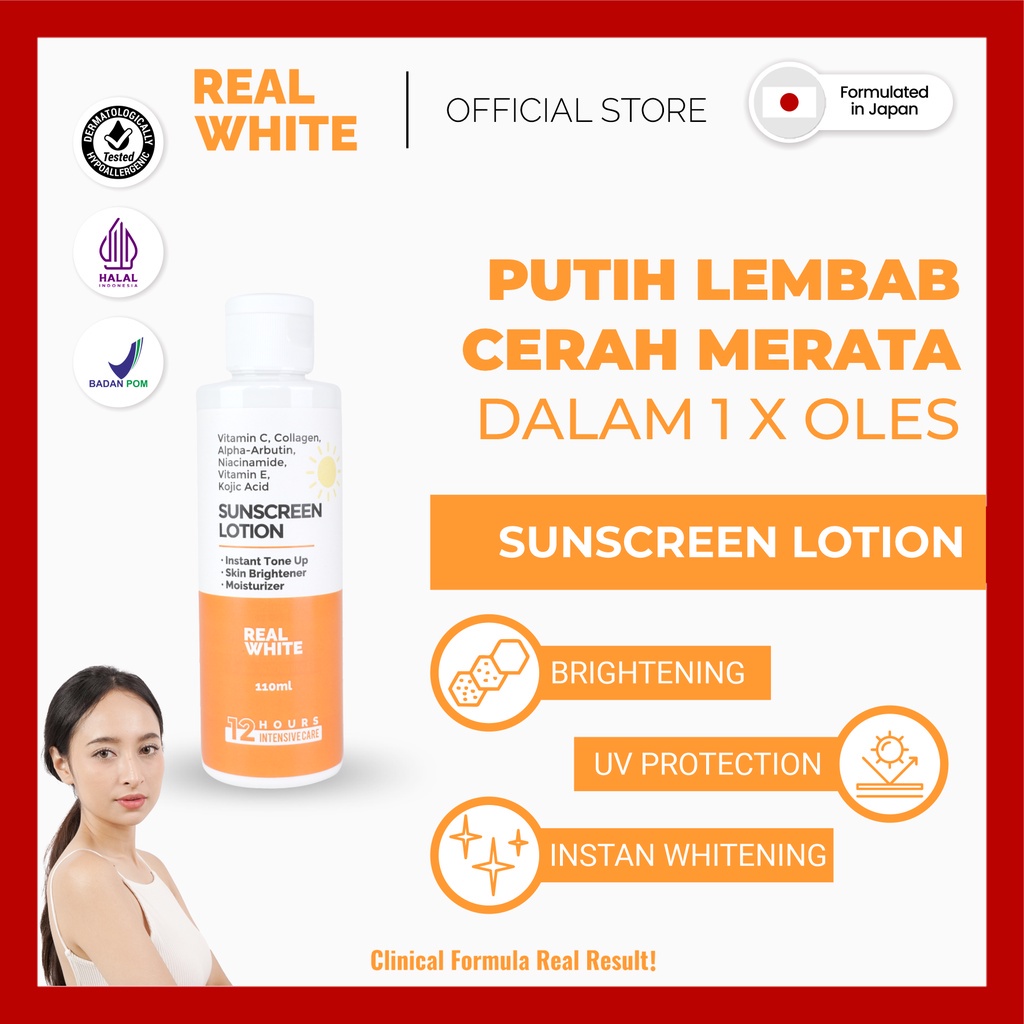 ⭐BAGUS⭐ REAL WHITE Lotion Sunscreen SPF 50 PA++ 110ml | Intensive Whitening BPOM HALAL Alpha Arbutin Glutathione Collagen Body Lotion