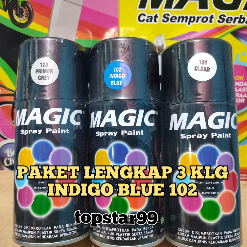 Pilok Pilox Cat Semprot Magic Paket Lengkap 3 Kaleng 300cc Paketan Biru Indigo Blue 102 Primer Grey Epoxy 120 Clear Pernis Glossy Mengkilap 101 Spray Paint