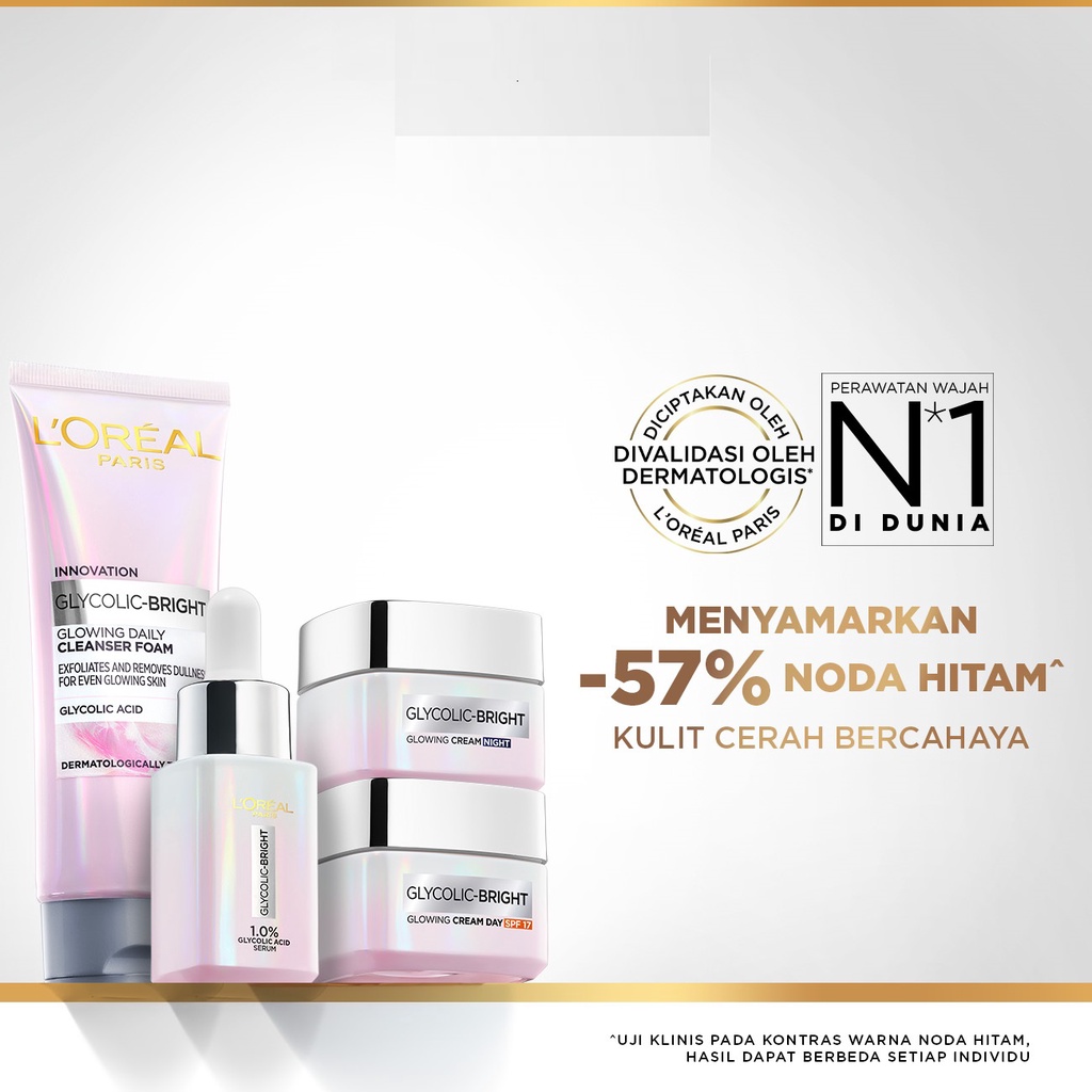 L'Oreal Paris Glycolic Bright Glowing - Day, Night Cream, Facial Wash & Serum - Paket Skincare Glyco