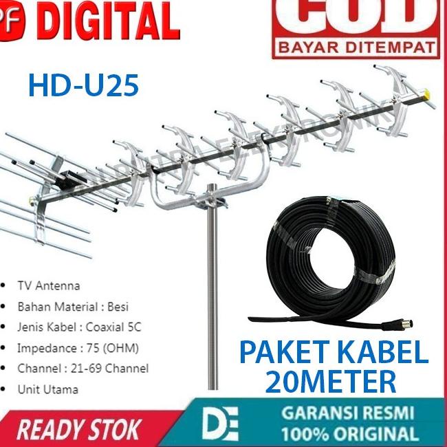 ☆ Antena PF-HD-U25 YAGI Digital Luar Outdor Plus Kabel Antena 20 Meter 1PAKET HEMAT ♂