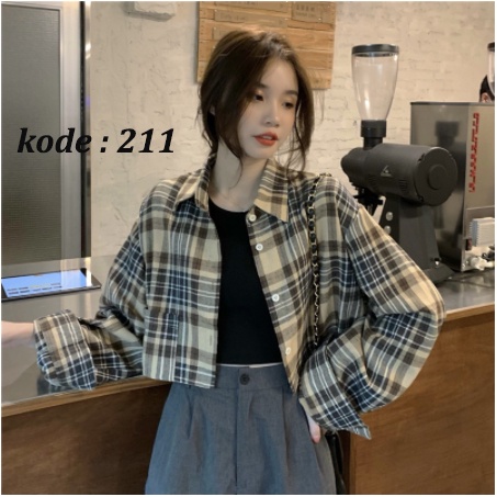 【 Penawaran Istimewa 】Kemeja Flanel Kotak Kotak Kemeja Oversize Longgar Wanita Casual Lengan Panjang