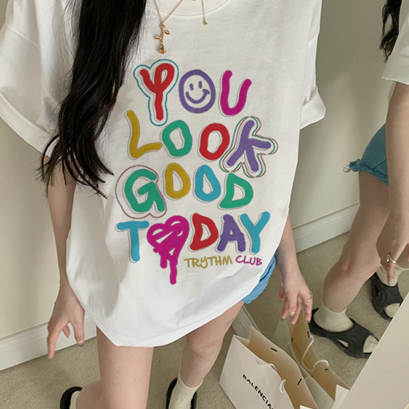 Print T-shirt Kaos Lengan Pendek Design Sense Color English Baju Wanita Oversize Korean Style