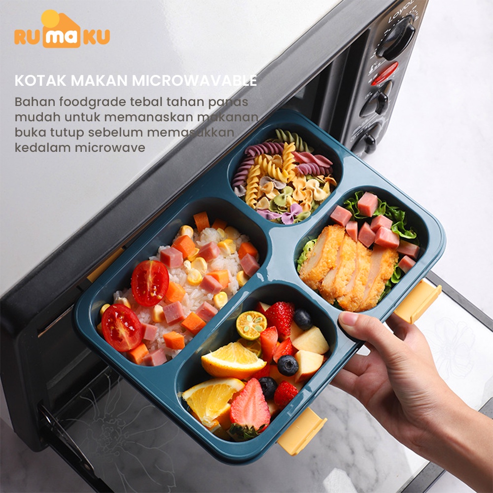 Rumaku Kotak Makan Tempat Makan Lunchbox Bekal Anti Tumpah 3/4 Grid dengan Kotak Sup dan Free Sendok 850ml/1250ml