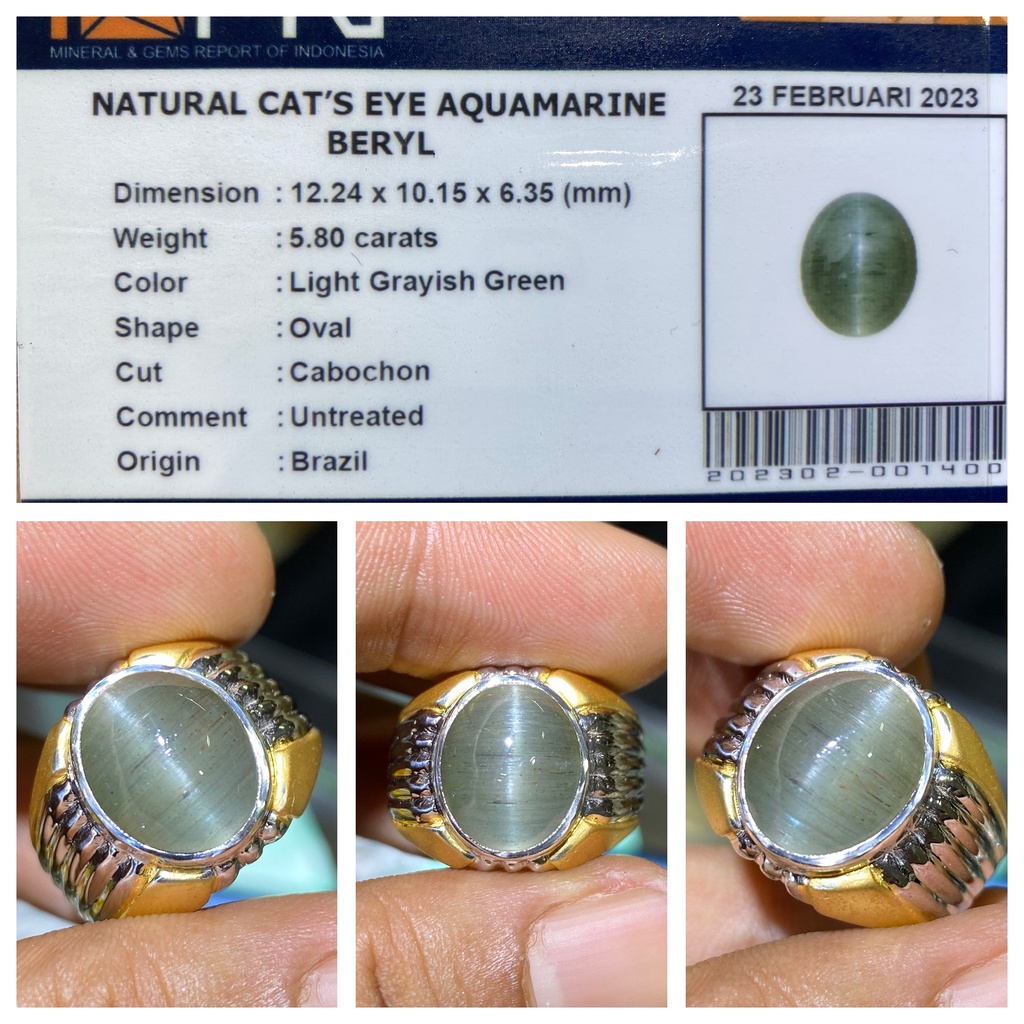 Natural 5.80ct Cat Eye Aquamarine Beryl Ring Perak March Birthstone