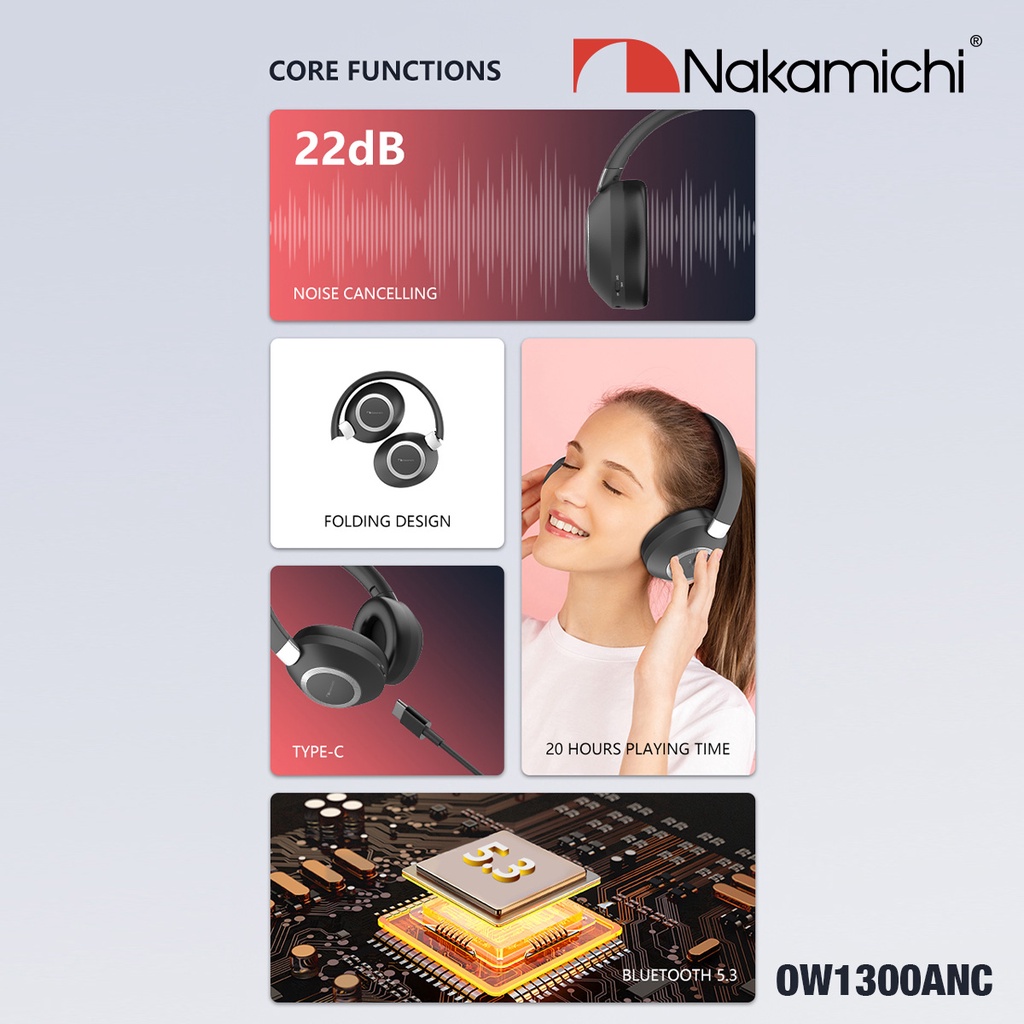 Nakamichi OW1300ANC Active Noise Cancelling Wireless Headphone ANC HD