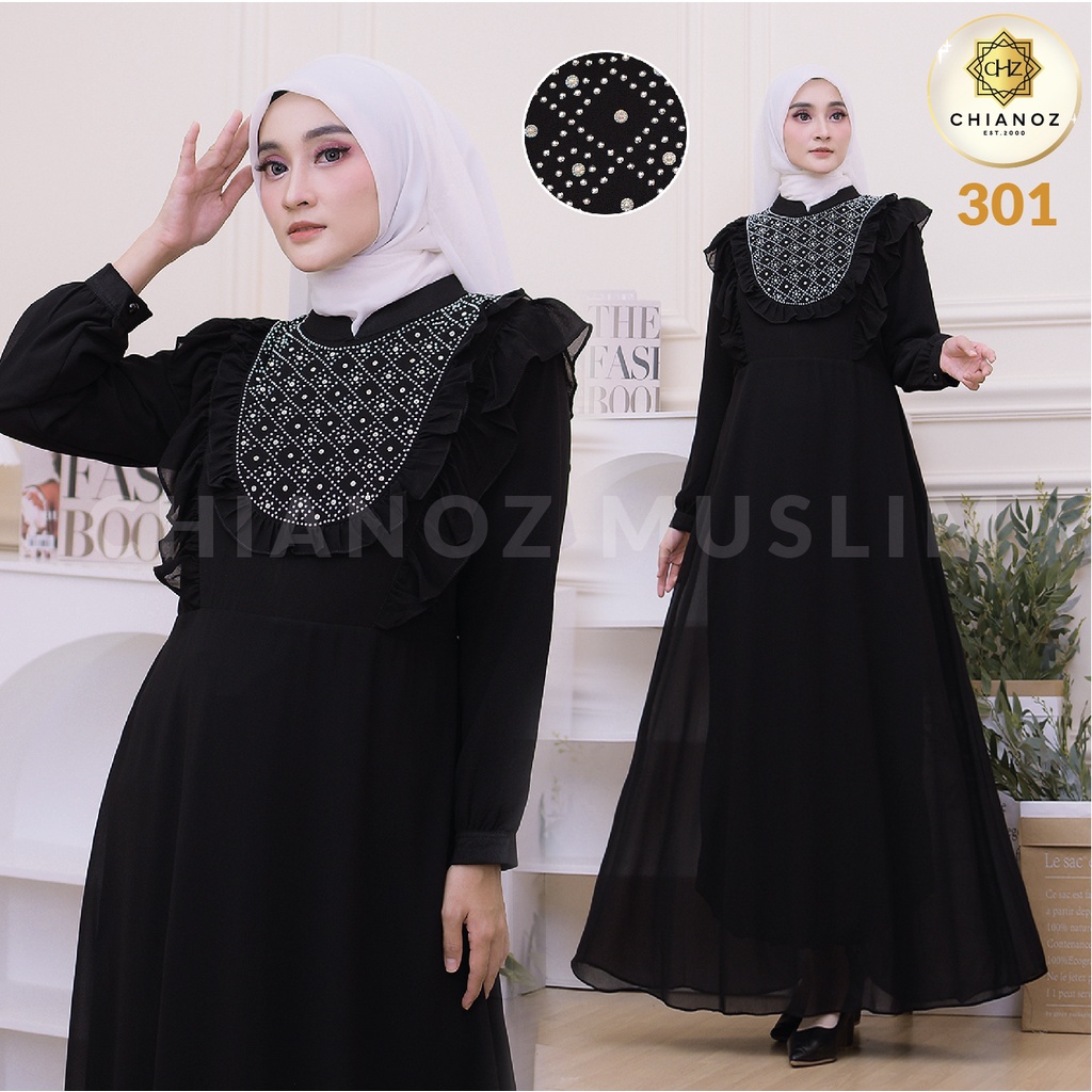 CHIANOZ Gamis Hitam Mewah Monika Dress Brukat Renda Baju Lebaran Umroh Haji Manasik Pesta Akad 301 304