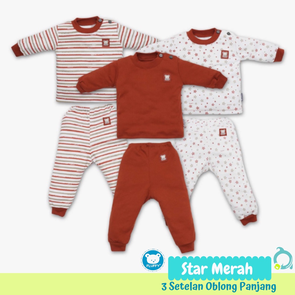 FLUFFY Stelan Pendek | Panjang Bis Motif Star Merah Size S | M | L (3 stel/pack)