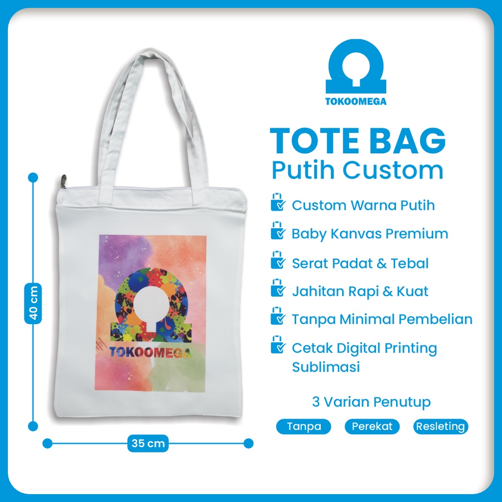 Totebag Custom Kanvas Putih Ukuran 35 x 40 Cm Tas Tote Godie Goodie Bag Goodiebag Jinjing Tenteng Resleting Untuk Sekolah Kuliah Pria Wanita