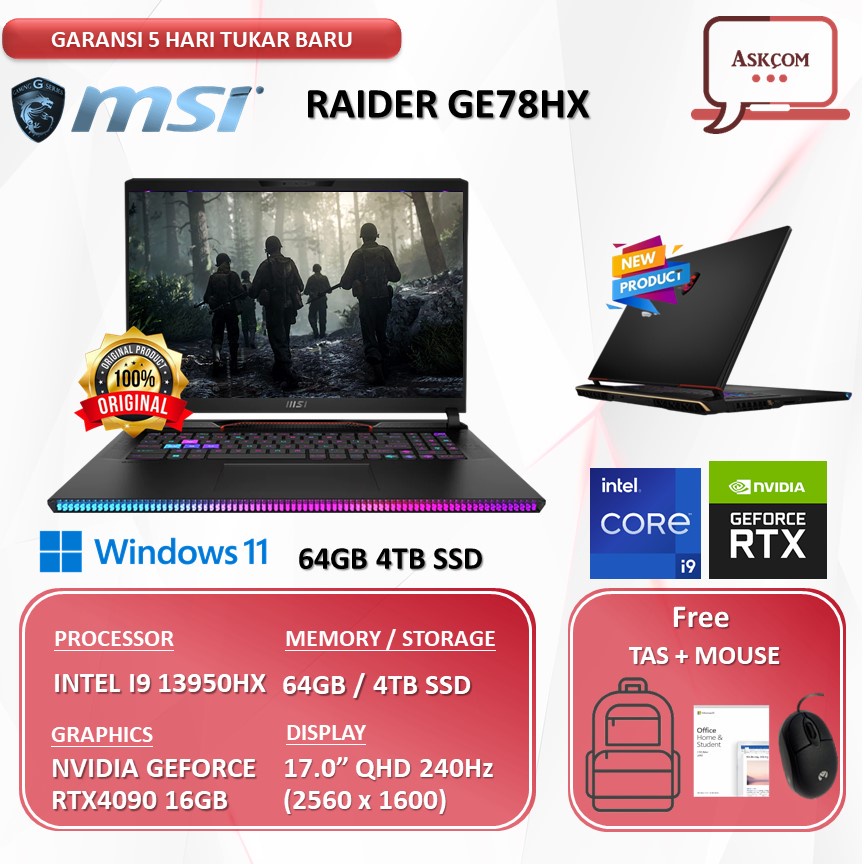 Laptop MSI RAIDER GE78HX RTX4090 16GB I9 13950HX 64GB 4TBSSD W11 17.0QHD 240HZ
