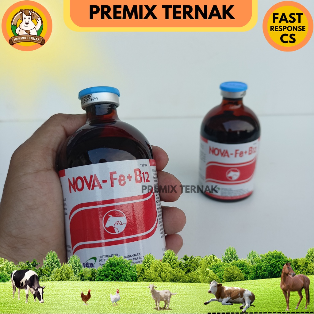 NOVA Fe + B12 (Anti Anemia) Inj 100ml - Vitamin B12 dan Zat besi untuk hewan Sapi Babi Kambing - Anti Anemia hewan - Like ferdex plus