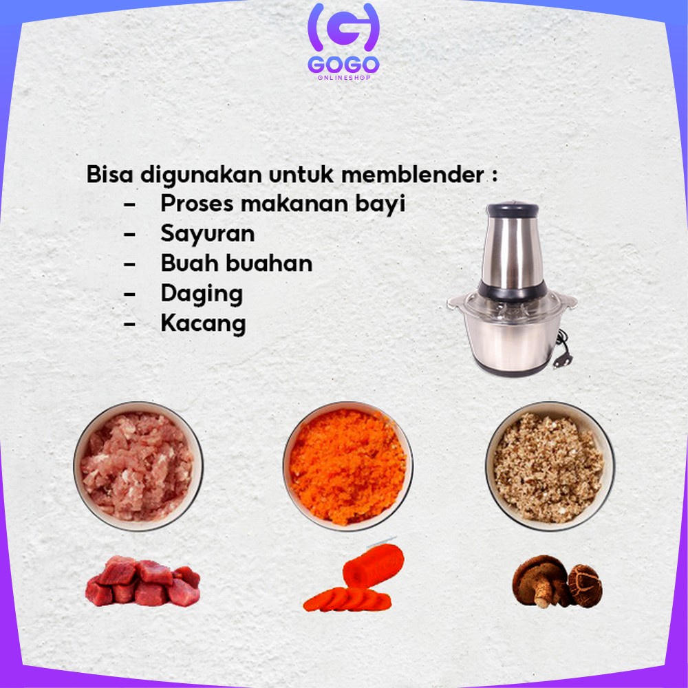 GOGO-C499 Penggiling Daging Serbaguna Chopper Daging 2L / Blender Elektrik Stainless Steel Multifungsi / Blender Portable Chopper Meat Grinder