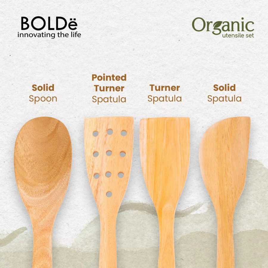 BOLDe Organic Utensil Set 4 Pcs Wood Series - Utensil Spatula Bahan Kayu - Spatula Set Anti Gores