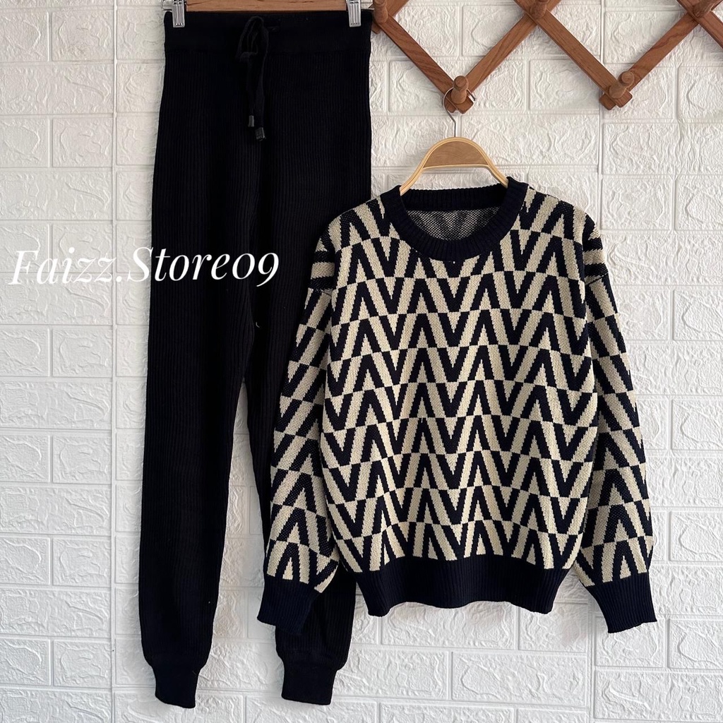 ONESET GIVA RAJUT KNIST IMPORT MOTIF V SETELAN CELANA KULOT DAN JOGER