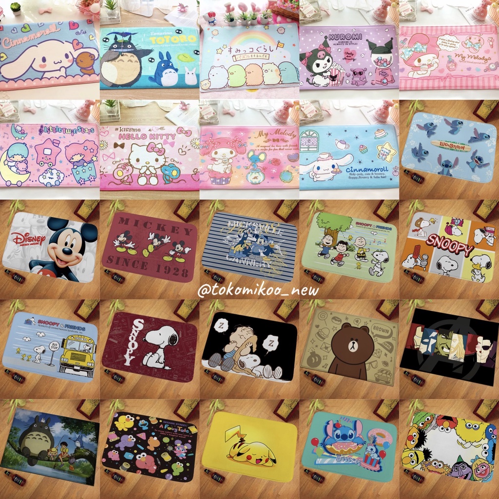 Floor mat / keset kamar karakter hello kitty melody snoopy kuromi cinnamoroll ariel rapunzel stitch totoro