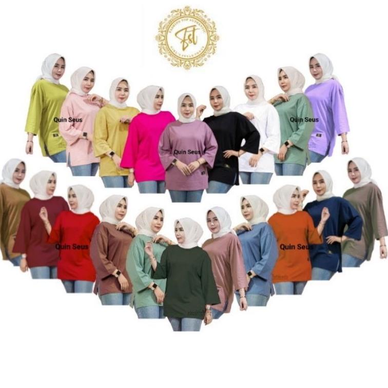 LANGSUNG ORDER [TERLARIS] KAOS WANITA OVERSIZE JUMBO ATASAN KAOS LENGAN 7/8 TERBARU MOTIF POLOS BLOU