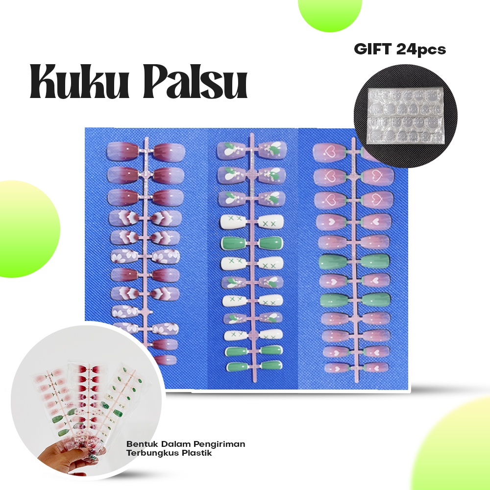 Pretty 24pcs Kuku Palsu Non Box Free Lem Jelly 24pcs/Kuku Palsu Free Lem Cair 1gr/Nail Art Fashion Decoration/Fashion Acylic Nail