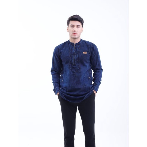 BAJU KOKO PAKISTAN DENIM PRIA FASHION MUSLIM PRIA LIST SIMPLE BAJU MUSLIM KOKO DENIM ZIPPER PAKAIAN 