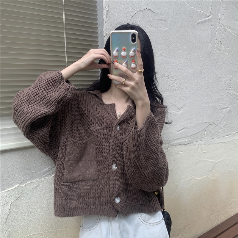 [3 Warna]EUNII Korea Style Cardigan Rajut Atasan Lengan Panjang Crop Top Atasan