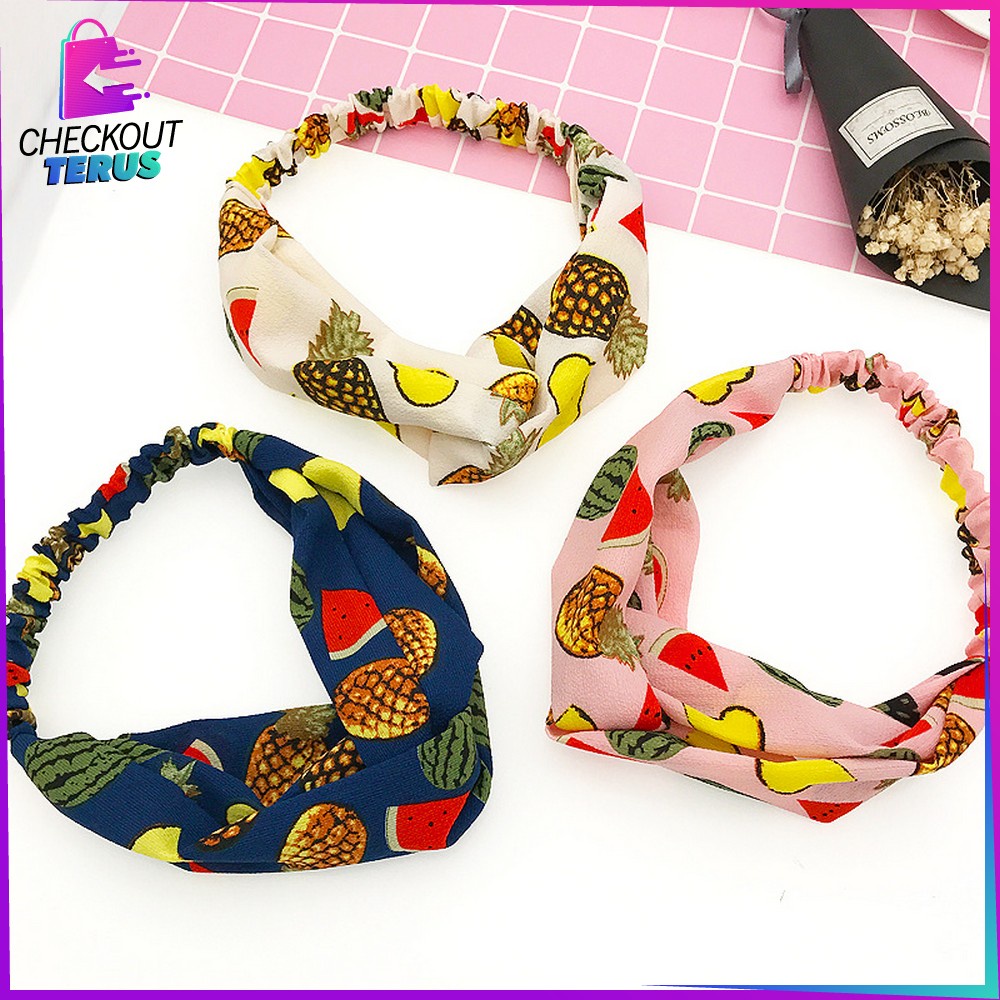 CT C64 Bando Wanita Korean Style Model Turban Karet Bahan Kain Motif Buah Bandana Simpul Kekinian Import