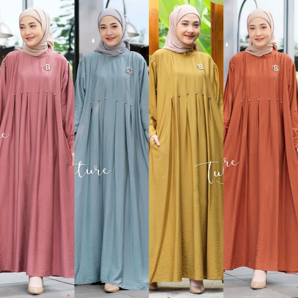 Tulus Signature Makia Dress / Maxi Dress Wanita Muslim Jumbo Linen Crinkle Premium Motif Polos Canti