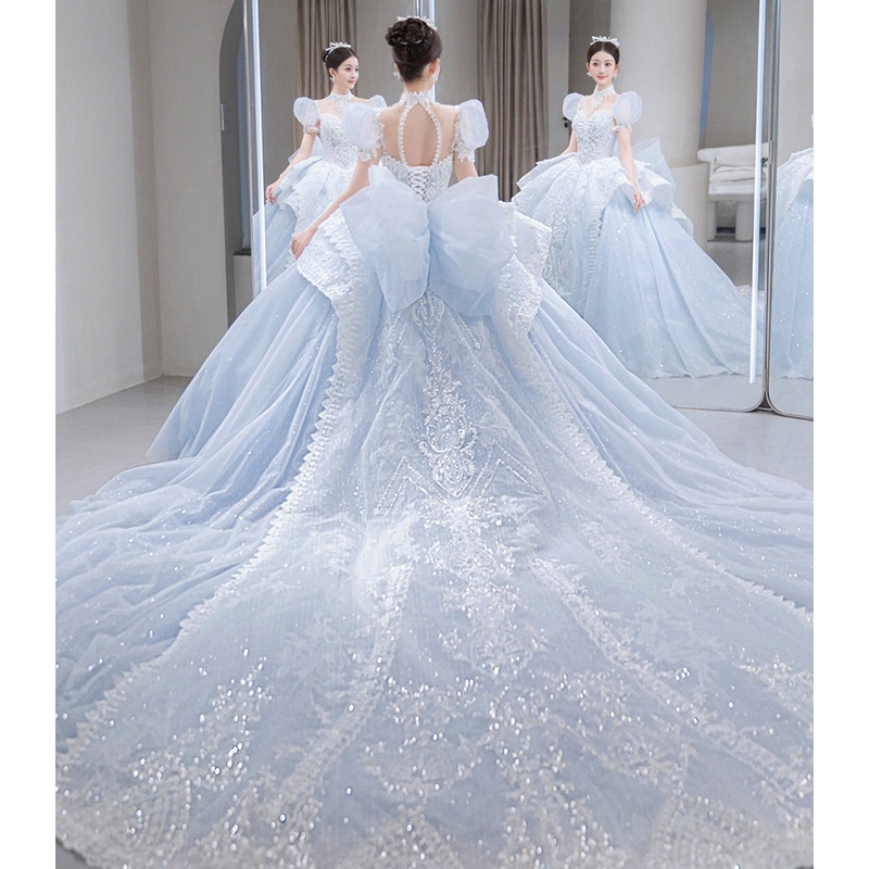 Baby Biru Gaun Pengantin Wanita Long Tail Bridal Wedding Dress Princess Bright Sequin Lace Beaded Wedding Gown Gaun Pengantin Wanita Ekor Panjang