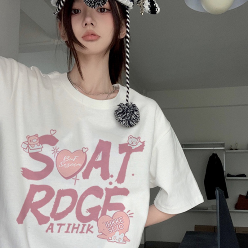 Print T-shirt Kaos Lengan Pendek Pink English Baju Wanita Oversize Korean Style
