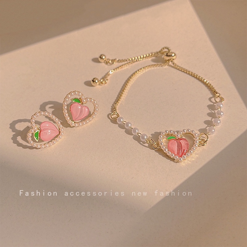 Bunga Tulip Elegan Wanita Kalung Mutiara Hati Peach Anting Gelang Set Choker Rantai Neckla