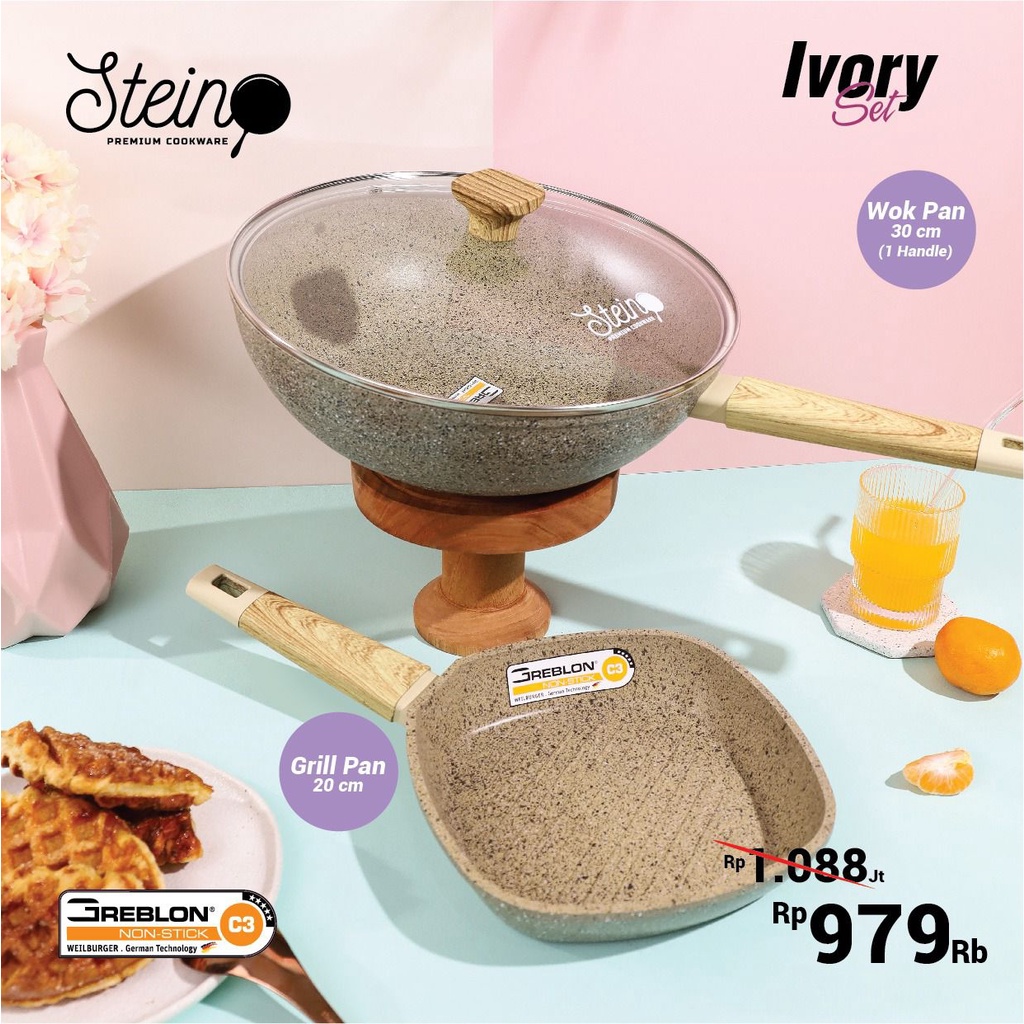 Stein Cookware Ivory Set|Stein Paket Ivory Granite Anti Lengket Original Asli