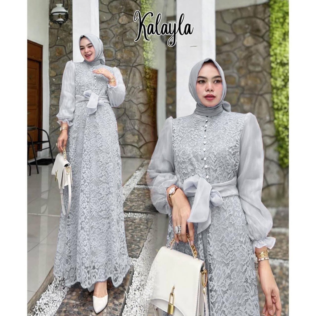 ELDE 12 - Maxy Dress Kalayla ( M - L - XL ) Maxi Gamis Bahan Brukat Corneli Premium Lapis Furing Depan Blkg Kombi Organza Import , Sleting Blkg Depan Kancing Variasi + Ada Tali Belt Organza