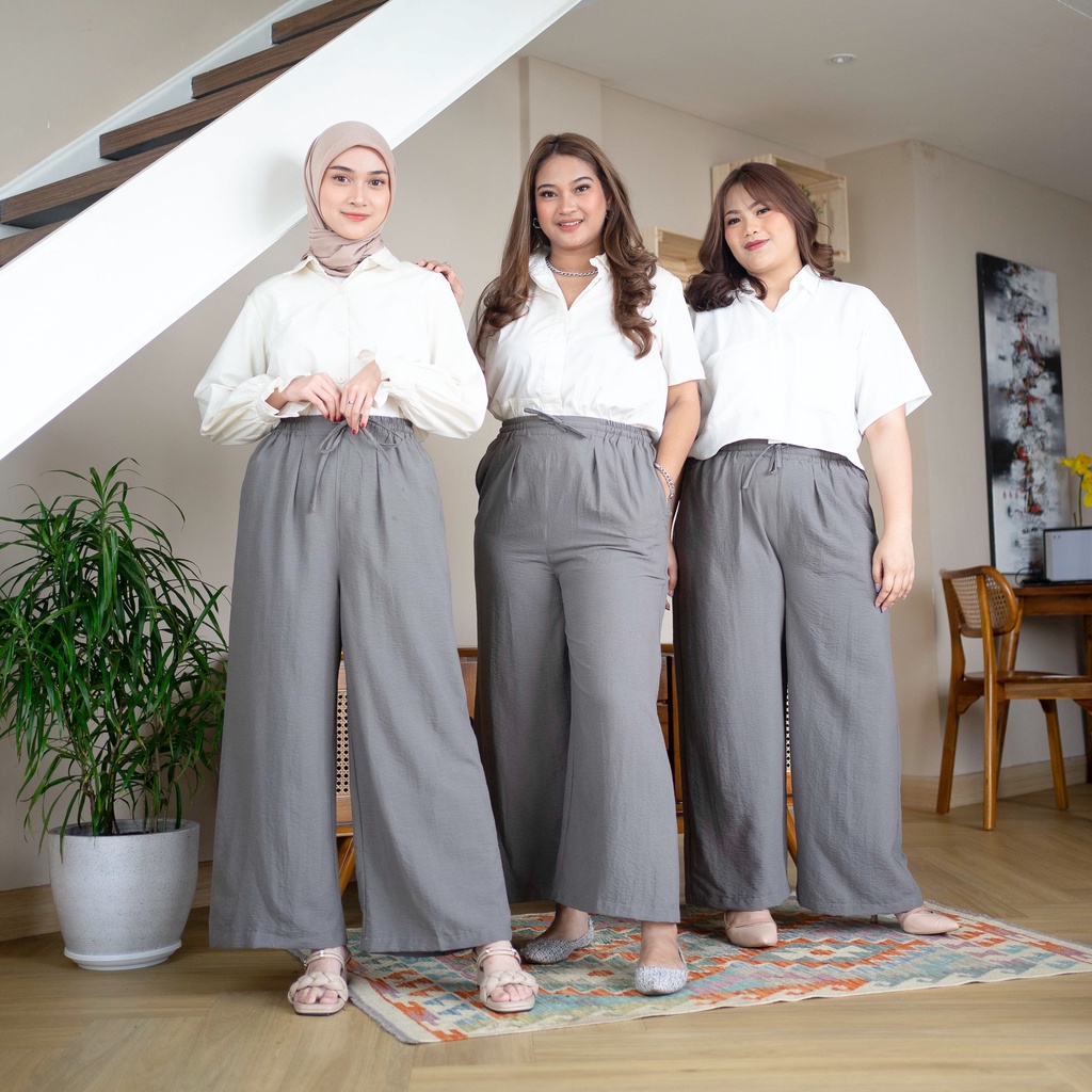 IE.DEMODE Naya Celana Panjang Wanita Kulot Kerja Kantor Highwaist Daily Pants Bahan Airflow Gray