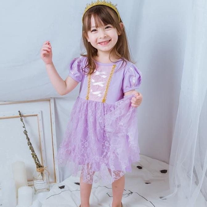 Dress disney princess Rapunzel kaos casual renda brokat import