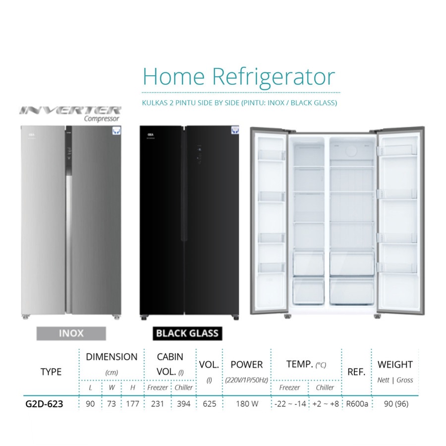 KULKAS GEA G2D 623 LEMARI ES 2 PINTU G2D-623 SIDE BY SIDE