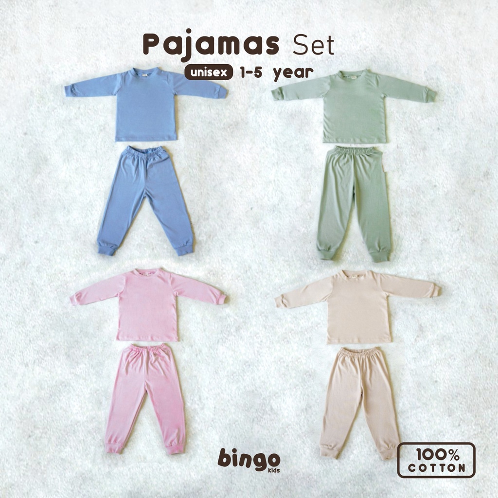 BINGOKIDS | PAJAMAS SET / Piyama Polos Anak Balita / Baju Tidur Setelan 1-5 Tahun       Unisex Anak Laki Perempuan Bahan Katun Cotton Premium Biru Sage Green Hijau Beige Cream Krem Pink Pastel