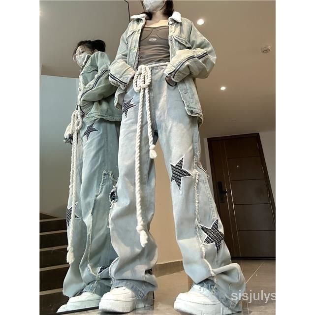 [✅BISA COD] #Sisjuly# Celana Jeans Lurus Bordir Amerika Wanita Berpinggang Tinggi Celana Kaki Lebar