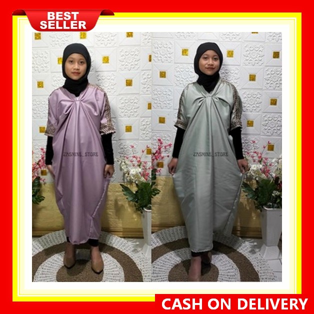 Khalisa Kaftan Kids | Bahan Crincle Airflow Import | Warna Green Sage | Gamis Anak Tanggung Umur 6 7
