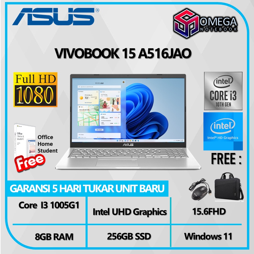 ASUS VIVOBOOK 15 A516JAO FHD3201 I3 1005G1 8GB 256SSD W11+OHS 15.6FHD